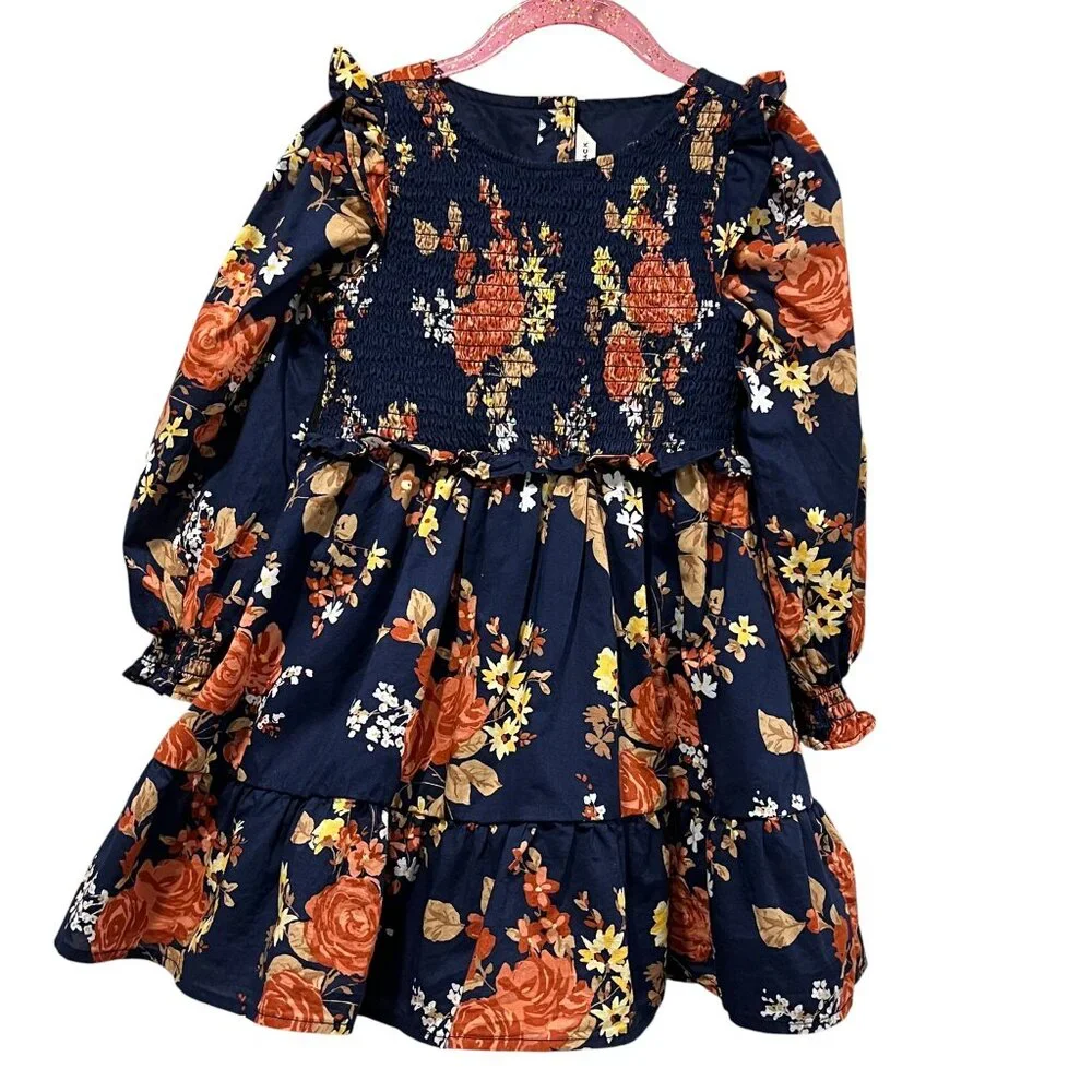Janie and Jack Smocked Floral Ruffle Dress, Navy, 4